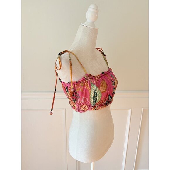 FARM Rio Tops - Farm Rio Pink Floral Stretch Crop Top w Beaded Tie Straps M